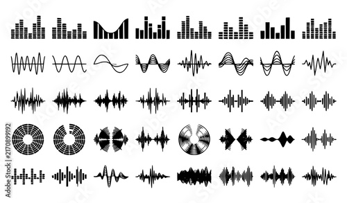 Audio Sound Wave and Digital Equalizer Icon Set with Music Frequency Signals, Radio Waves, and Volume Level Indicators for Podcast, Studio, and Tech Designs