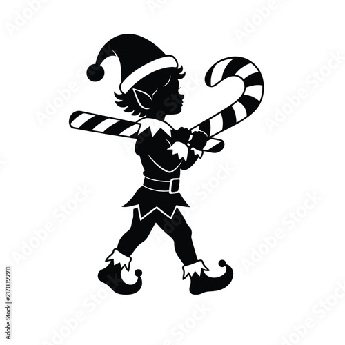 black silhouette of a Christmas elf walking with a candy cane