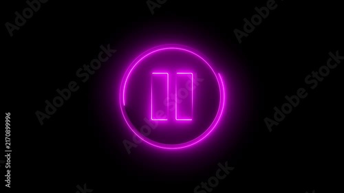 Neon pause button sign icon animation glowing pink color player pause circle stop music video and audio media control sign symbol on black background