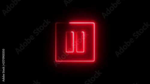 Neon pause button sign icon animation glowing red color player pause circle stop music video and audio media control sign symbol on black background