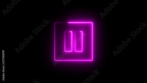 Neon pause button sign icon animation glowing pink color player pause circle stop music video and audio media control sign symbol on black background