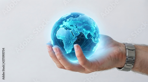 Human Hand Holding Digital Glowing Planet Earth Hologram for Global Communication and Network