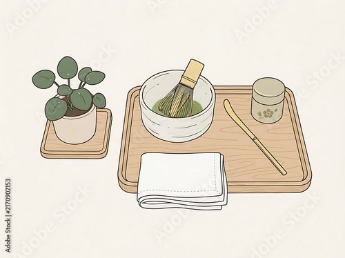 Minimalist Japanese Matcha Tea Ceremony Setup Vector