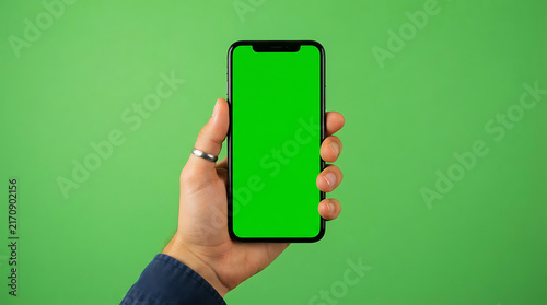 Hand Holding Smartphone with Green Screen Mockup