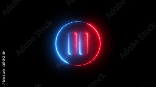Neon pause button sign icon animation glowing red and blue color player pause circle stop music video and audio media control sign symbol on black background