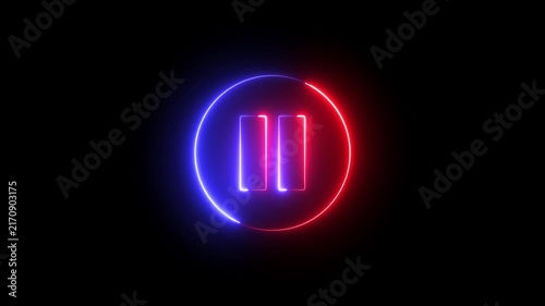 Neon pause button sign icon animation glowing red and blue color player pause circle stop music video and audio media control sign symbol on black background