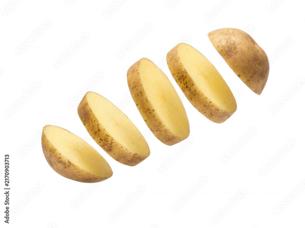 Fototapeta premium Fresh raw potato slices floating isolated on transparent background