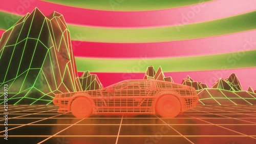 Neon Wireframe Sports Car In Retro Futuristic Synthwave Landscape