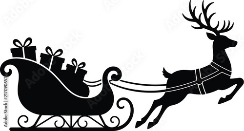black silhouette of Santa sleigh with presents and reindeer