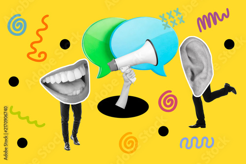 Collage de dos hombres con fragmentos de piernas con una boca y el otro con oreja junto a una burbuja de chat y elementos geometricos sobre un fondo amarillo. Vista de frente y de cerca. Copy space