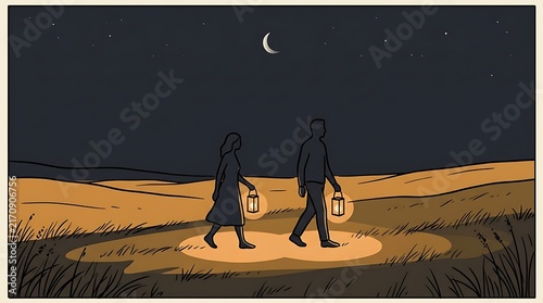 Vector illustration of a man and woman walking holding lanterns under starry night sky with crescent moon