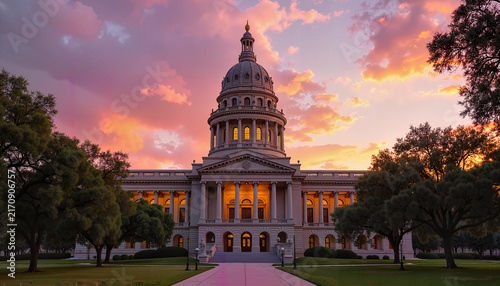 Historic building at sunset with colorful sky
