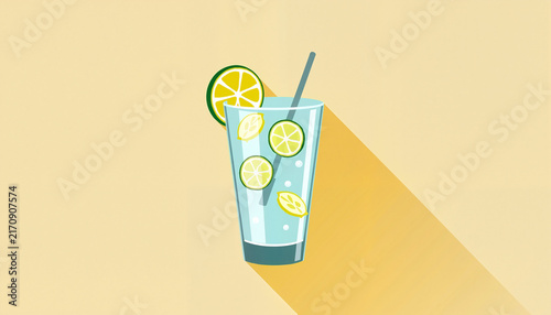 Refreshing lemonade with lemon slices in a light background
