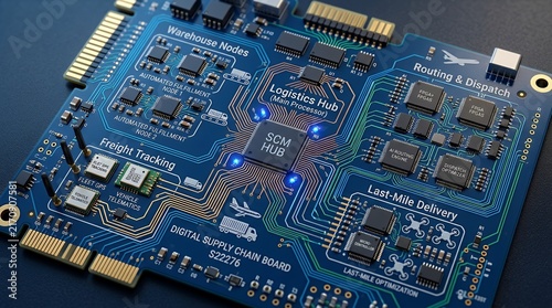 Complex circuit board layout displaying digital supply chain nodes representing automated freight operations  logistics smart business technology supply chain interface electronic circuit