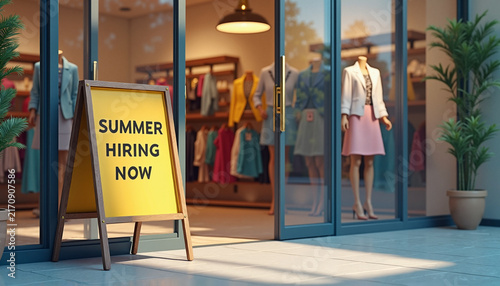 Summer hiring sign in front of clothing store
