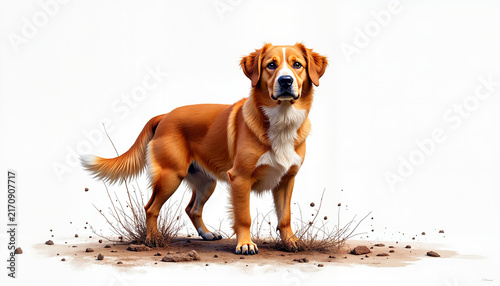 Golden retriever standing on dry ground
