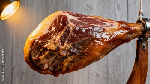 An exquisite Jamón Ibérico, thinly sliced and presented in cascading layers on a wooden board, with a distinct marbled fat content, served with rustic bread, tomato spread, and a glass of Rioja wine, 
