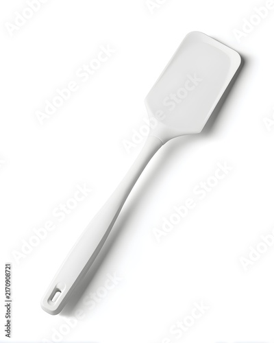 White silicone baking spatula with flat flexible head, kitchen utensil isolated on white background