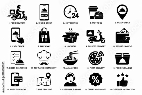 Set of black delivery and online shopping icons for mobile applications