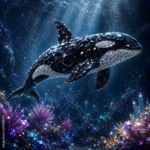Jeweled orca swimming above crystal corals in a magical luxury fantasy underwater world.
