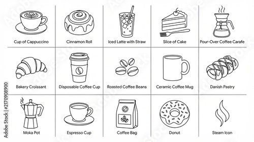 Minimalist coffee shop icons, set of 15 cafe line art illustrations. Bakery pastries and espresso drinks collection, black and white menu graphics.