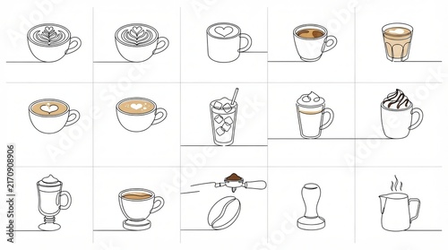 Minimalist coffee line art icons set, continuous line drawing of espresso cups and latte art, barista equipment collection for cafe branding