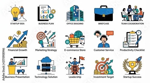 Business icon set with 15 flat line illustrations. Startup marketing and financial growth concepts for corporate presentations.