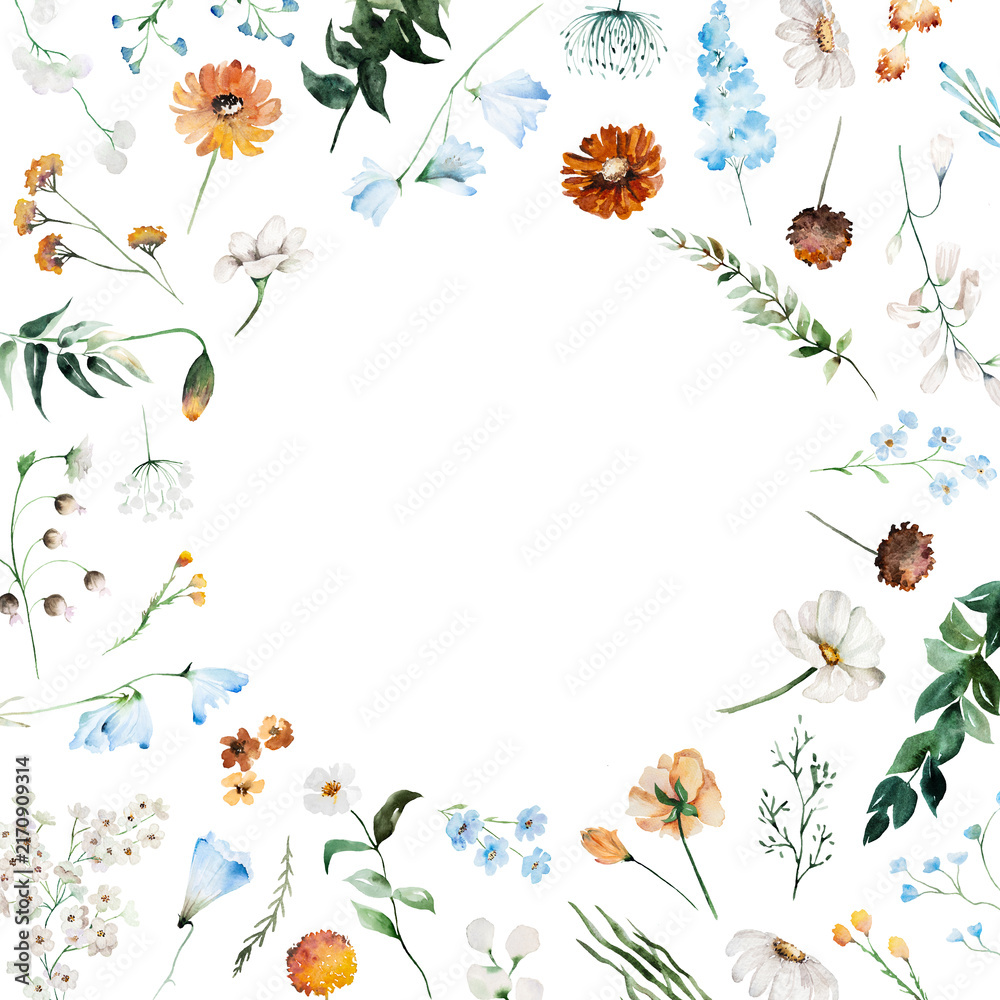 Fototapeta premium Watercolor frame with blue, ivory and orange wildflowers, illustration for wedding stationery