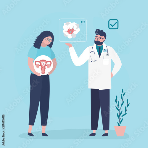 Sad patient holds an image of an affected uterus during medical consultation with professional oncologist doctor. Oncology awareness, screening and diagnosis