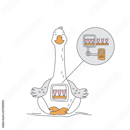 Peaceful goose sits in meditative pose, representing blend of nature and mechanics. Inside its chest, small conveyor belt processes pink hearts, automated cultivation of love.