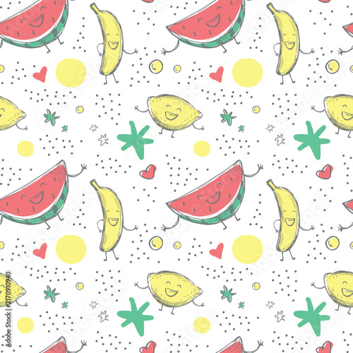 Seamless pattern features cheerful, smiling fruit characters including watermelons, bananas and lemons. Playful doodle style design accented by small hearts, dots and stars.