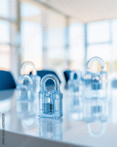 Crystal Locks on Table: A collection of transparent crystal padlocks rests on a reflective surface in a well-lit room, symbolizing security and trust.