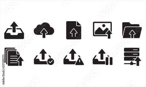 Upload and File Transfer Icon Set with Cloud Document Image Alert and Statistics Symbols