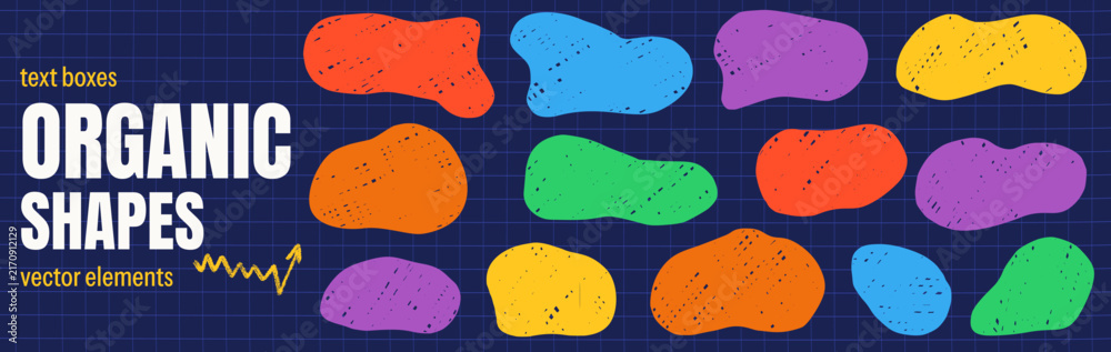 Naklejka premium Crayon organic shapes with squishy abstract blobs and irregular doodle spots. Hand drawn freeform amoeba shape set with brush splodge marks for school poster. Vector crayon blob elements on navy grid