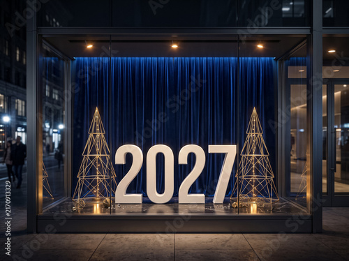evening store window with large white numbers 2027 and gold wireframe christmas trees