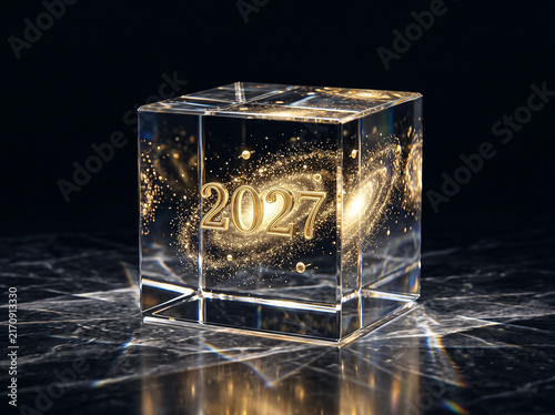 glass cube with laser engraving of a galaxy and gold numbers 2027 inside on a marble table