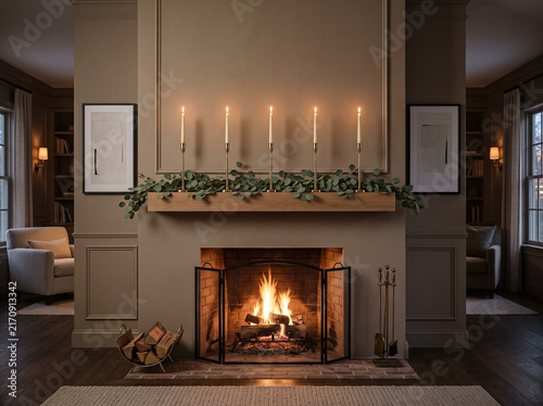 fireplace with burning firewood, decorated with eucalyptus branches and five lit candles on the mantelpiece