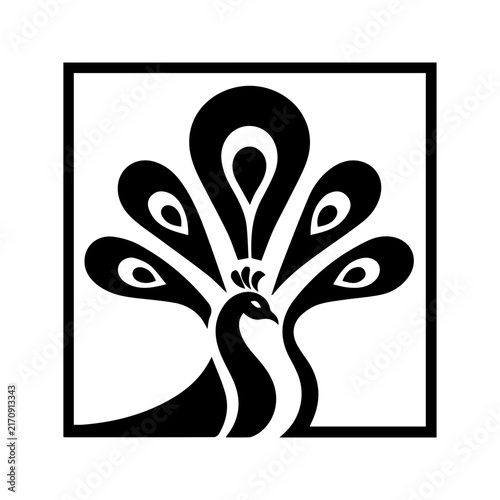 Minimalist black and white peacock logo design illustration.