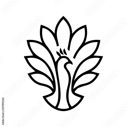 Minimalist black and white line art peacock logo design.