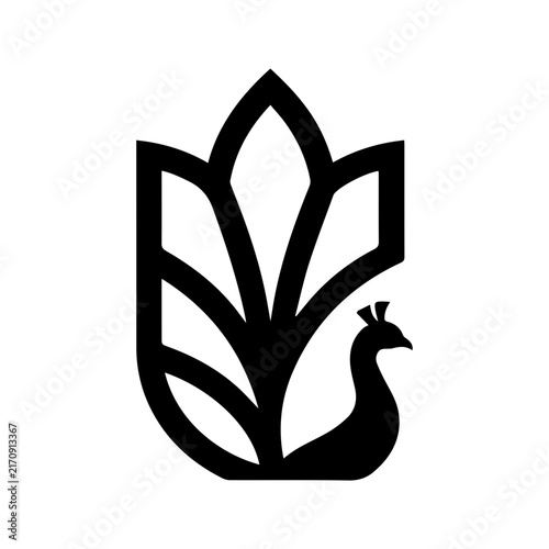 Minimalist black and white peacock logo icon design.