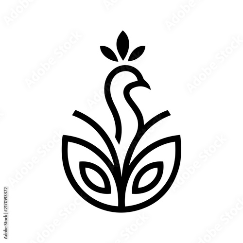 Minimalist black and white peacock logo design with floral leaf elements.