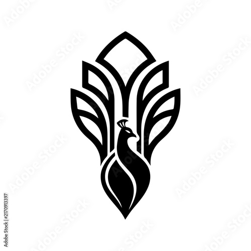Minimalist black and white peacock logo design with elegant stylized feathers.