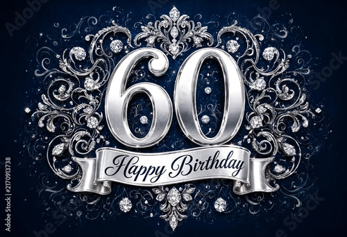 Elegant sixtieth birthday celebration design with ornate silver decorations and sparkling diamond accents
