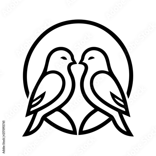 Minimalist line art illustration of two birds facing each other inside a circular frame.