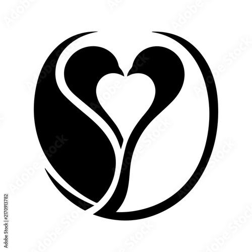 Minimalist black and white logo design featuring two swans forming a heart shape.