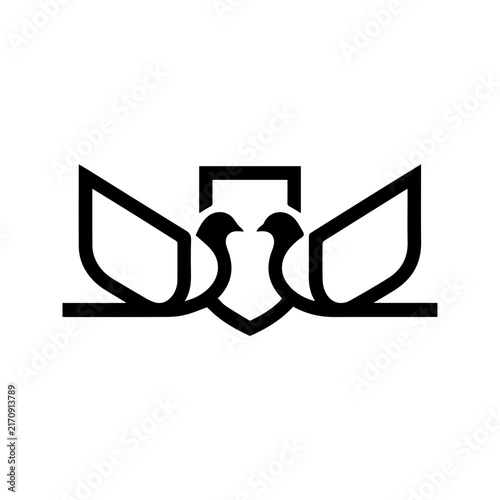 Minimalist vector logo design featuring two stylized birds flanking a central shield shape.
