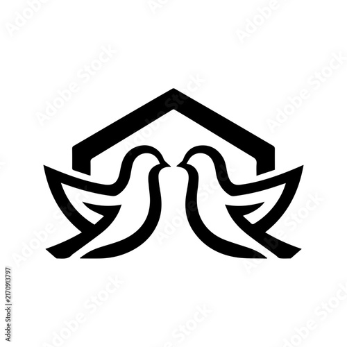 Minimalist logo design featuring two doves flying towards a simple house roof silhouette.