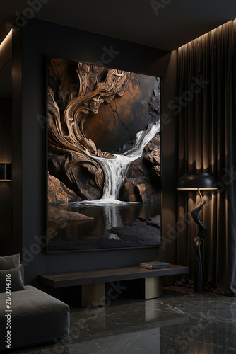 Artwork of a waterfall in a modern living room scene with dark walls and soft lighting