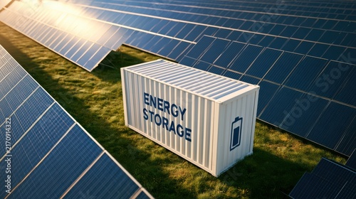 A solar farm with photovoltaic panels surrounds a container labeled 