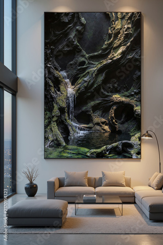 Art piece of natural landscape displayed in modern living room with large windows